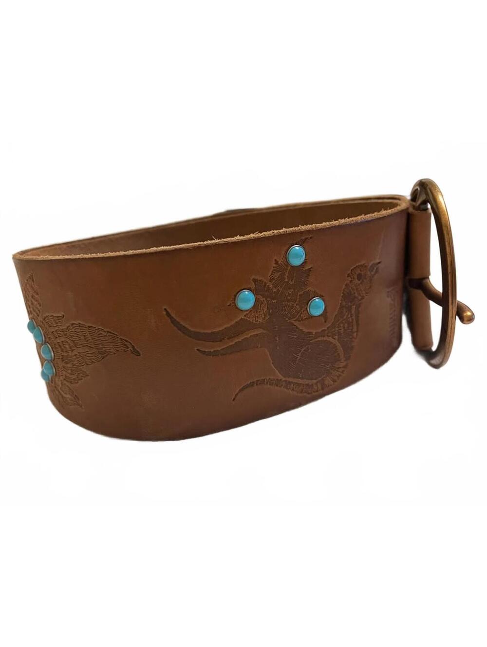 Vintage Diesel small women's brown leather belt tooled graphics turquoise studs